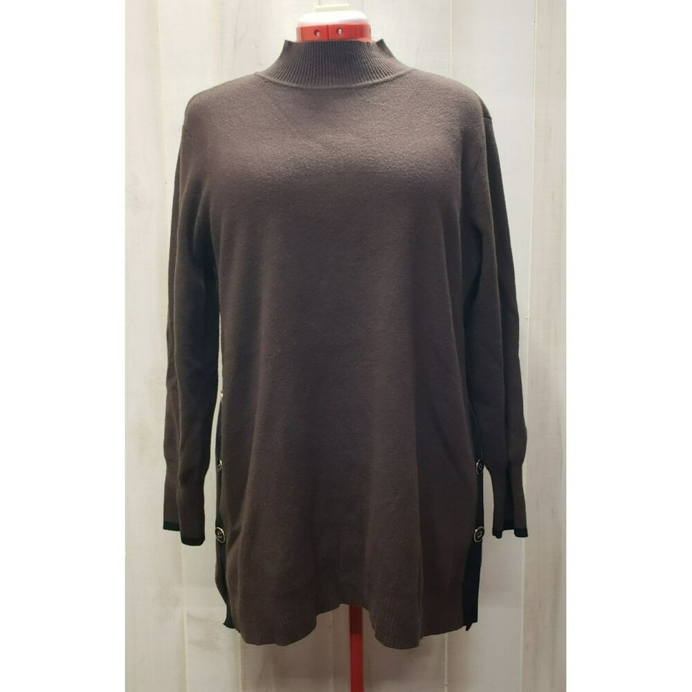 Chicos Brown Knit Tunic Sweater, Black Trim, Side Button Detail, Womens Size XL